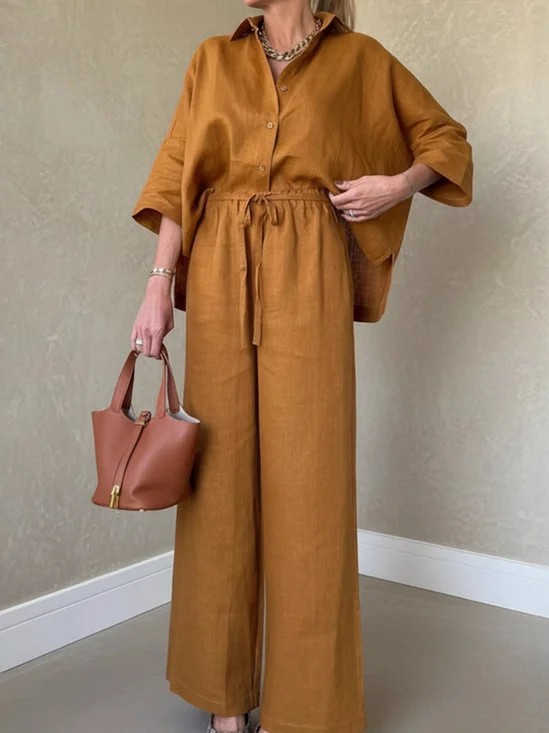 Damen Unifarben Zweiteiliges Set Täglich Dreiviertelärmel Lässig Frühling/Herbst Bluse mit Hose Matching Set