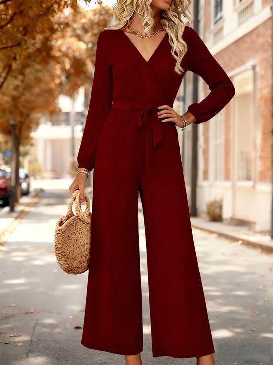 Damen Unifarben V-Ausschnitt Langarm Elegant Frühling/Herbst Jumpsuit