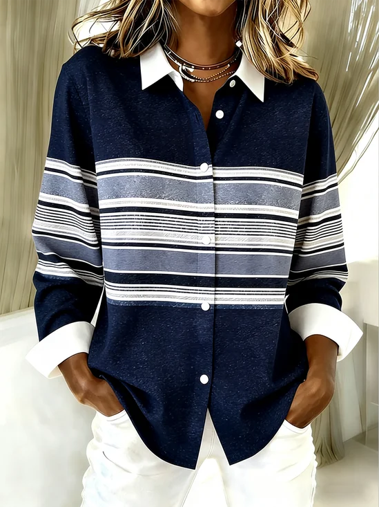 Hemdkragen Langarm Gestreift Regelmäßig Weit Bluse für Damen