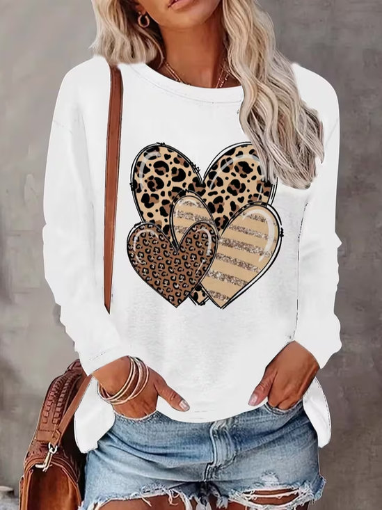 Lässig Leopard Rundhals Langarm T-Shirt