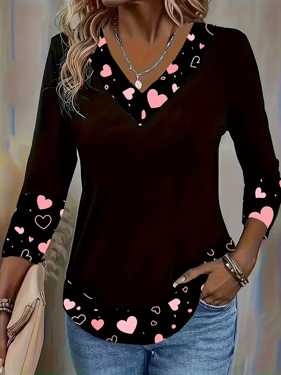 Lässig Herz/Herz V-Ausschnitt Langarm T-Shirt