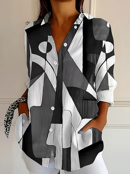 Hemdkragen Normale Ärmel Langarm Abstrakt Schnalle Regelmäßig Weit Knopfhemd Bluse für Damen