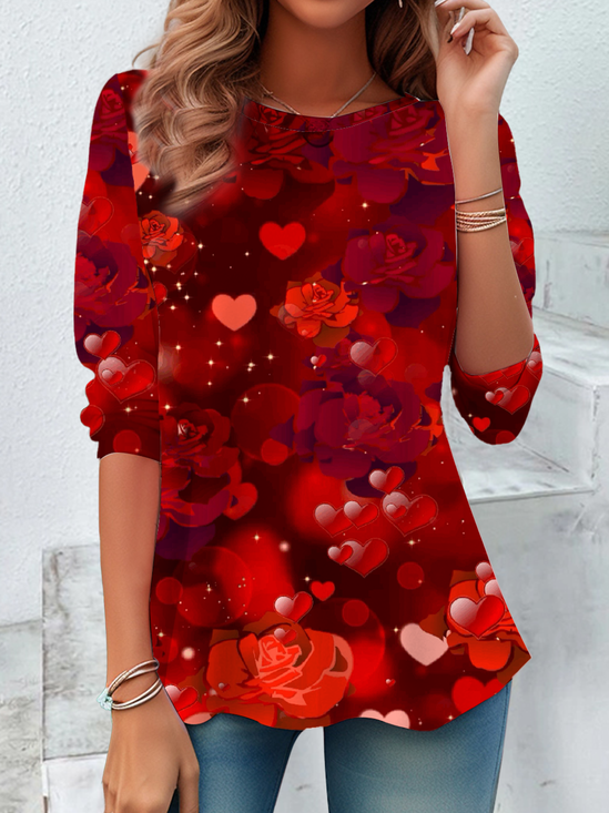 Lässig Geblümt Rundhals Langarm T-Shirt