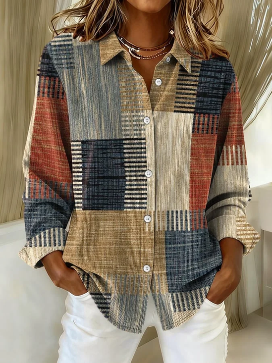 Hemdkragen Normale Ärmel Langarm Abstrakt Schnalle Regelmäßig Weit Knopfhemd Bluse für Damen