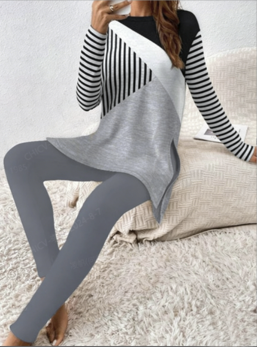 Damen Gestreift Zweiteiliges Set Täglich Langarm Lässig Frühling/Herbst Bluse mit Hose Matching Set