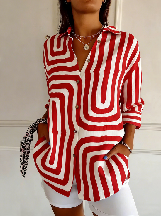 Schalkragen Langarm Gestreift Regelmäßig Weit Bluse für Damen