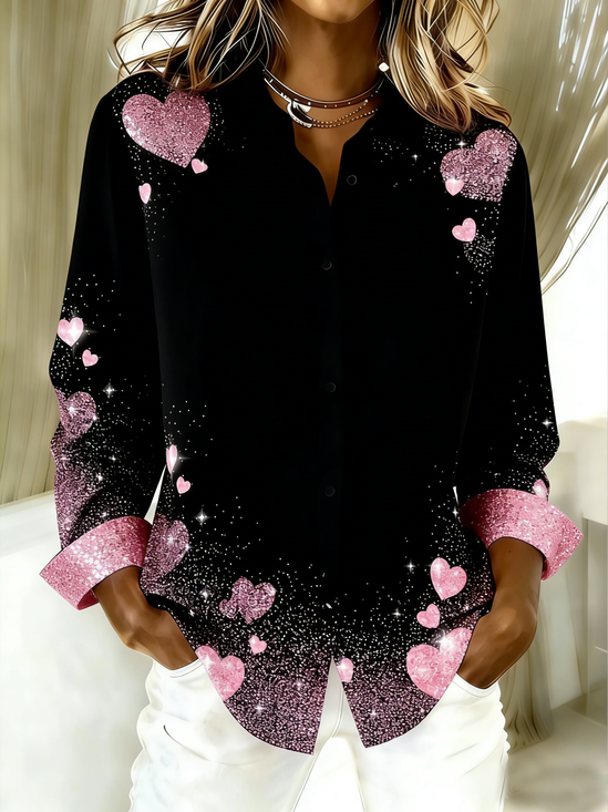 Schalkragen Langarm Herz/Herz Regelmäßig Weit Bluse für Damen