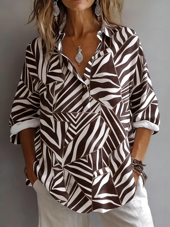 Hemdkragen Langarm Geometrisch Regelmäßig Mikroelastizität Regelmäßige Passform Bluse für Damen