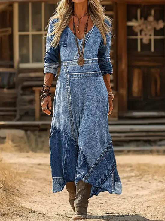Damen Grafik mit Denim-Imitat-Print Frühling/Herbst Print Kleid V-Ausschnitt Langarm H-Linie Kleid