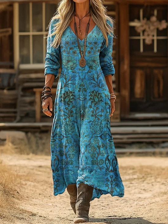 Damen Geblümt Frühling/Herbst Print Kleid V-Ausschnitt Langarm H-Linie Kleid