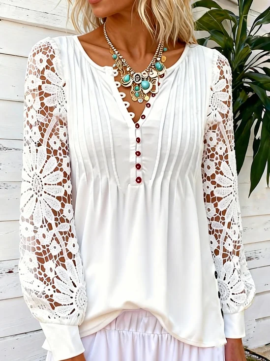 Elegant Unifarben V-Ausschnitt Langarm T-Shirt