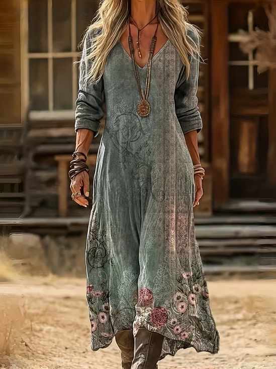 Damen Geblümt Frühling/Herbst Print Kleid V-Ausschnitt Langarm H-Linie Kleid