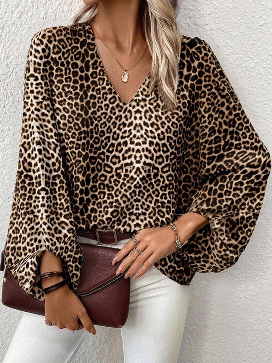 V-Ausschnitt Halbarm Leopard Print Regelmäßig Mikroelastizität Weit Oberteile Bluse für Damen