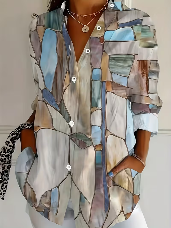 Hemdkragen Normale Ärmel Langarm Abstrakt Schnalle Regelmäßig Weit Knopfhemd Bluse für Damen