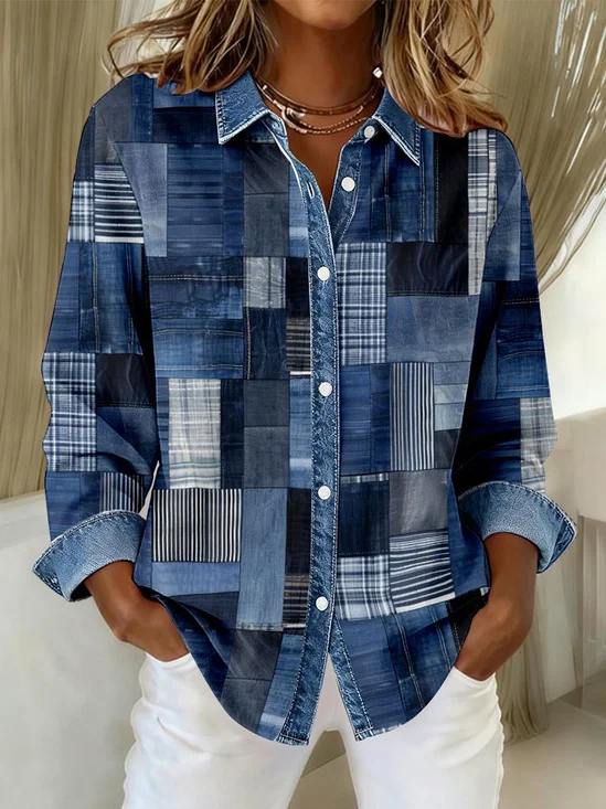 Hemdkragen Normale Ärmel Langarm Grafik mit Denim-Imitat-Print Schnalle Regelmäßig Weit Knopfhemd Bluse für Damen