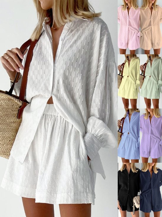 Damen Unifarben Jacquard Zweiteiliges Set Täglich Langarm Lässig Frühling/Herbst Bluse mit Hose Matching Set