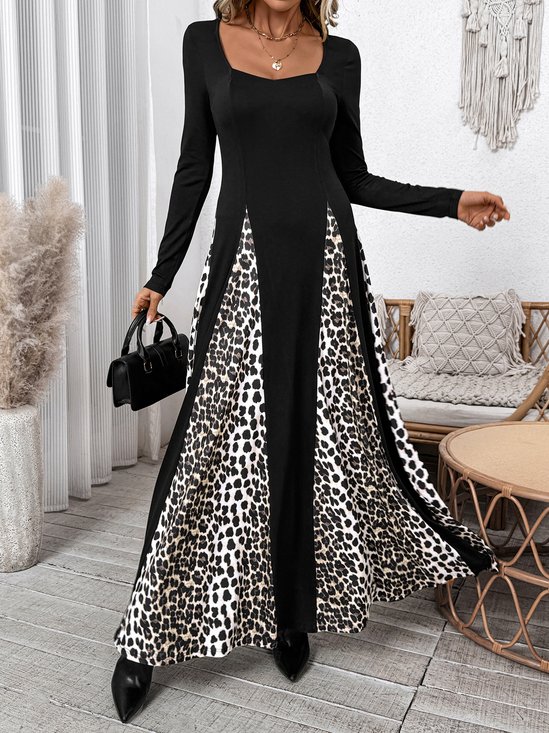 Damen Leopard Frühling/Herbst Kleid Langarm A-Linien-Kleid