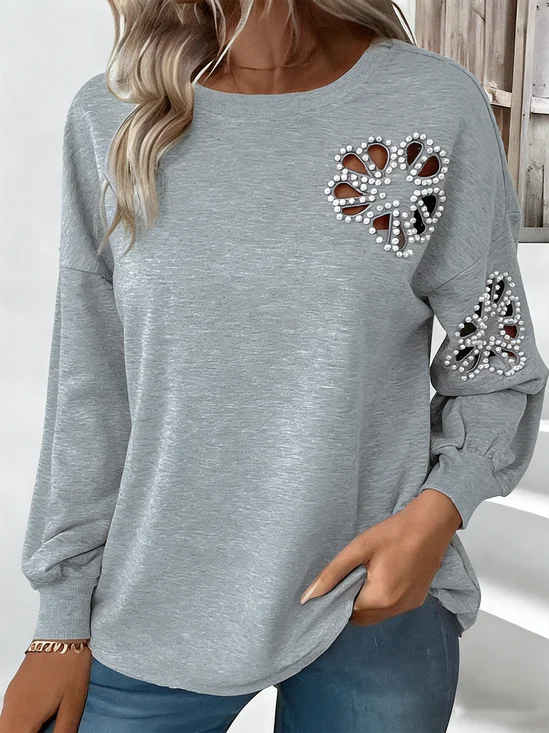 Lässig Rundhals Geblümt Sweatshirt Perlen