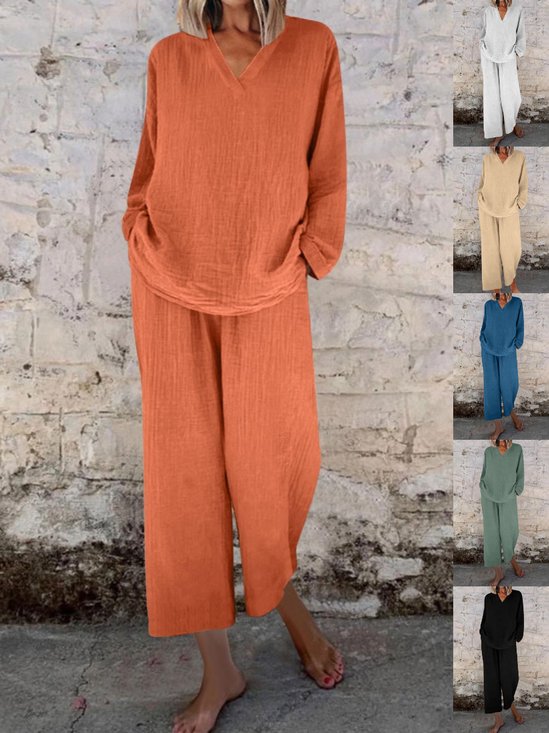 Damen Unifarben Nahtverarbeitung Zweiteiliges Set Täglich Langarm Lässig Frühling/Herbst Bluse mit Hose Matching Set