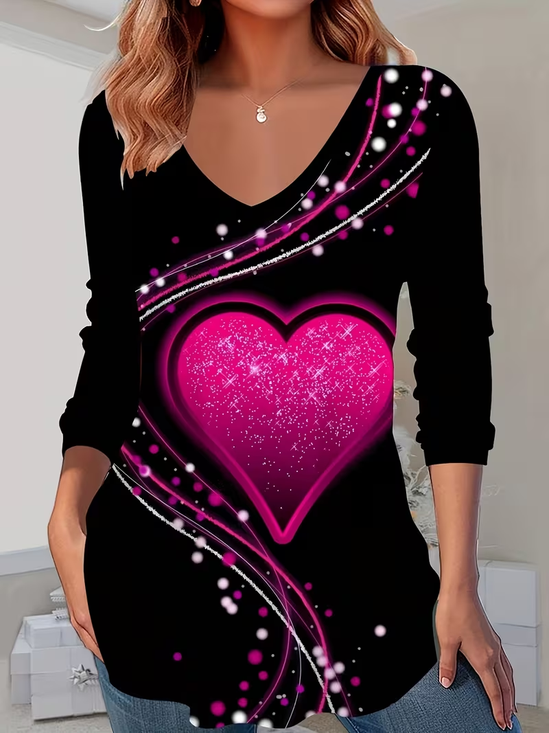 Lässig Herz/Herz V-Ausschnitt Langarm T-Shirt