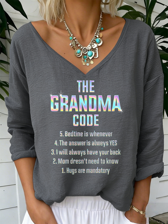 Vintage-Brief Muster V-Ausschnitt Langarm T-Shirt