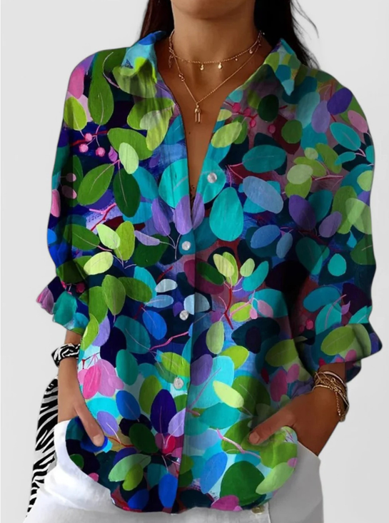 Schalkragen Langarm Blätter Regelmäßig Weit Bluse für Damen