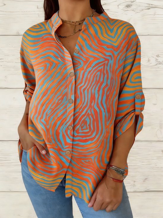 Stehkragen Dreiviertelärmel Abstrakt Regelmäßig Weit Bluse für Damen