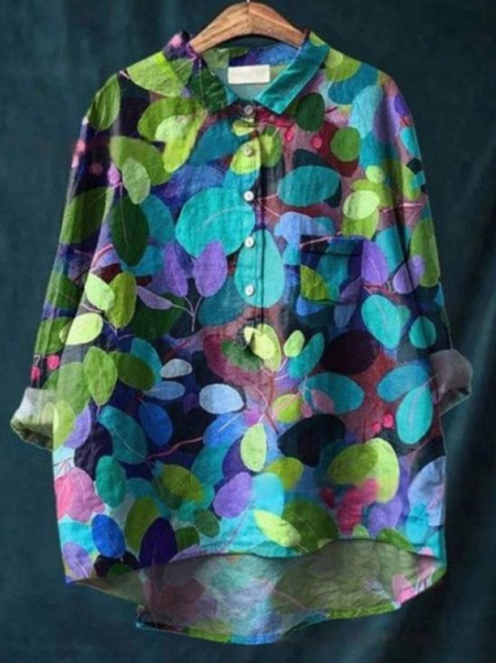 Schalkragen Langarm Geblümt Muster Regelmäßig Weit Bluse für Damen