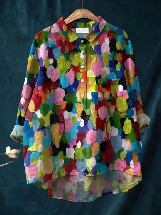 Schalkragen Langarm Abstrakt Regelmäßig Weit Bluse für Damen