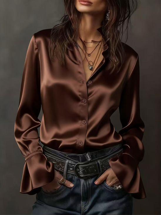 V-Ausschnitt Langarm Unifarben Regelmäßig Regelmäßige Passform Bluse für Damen