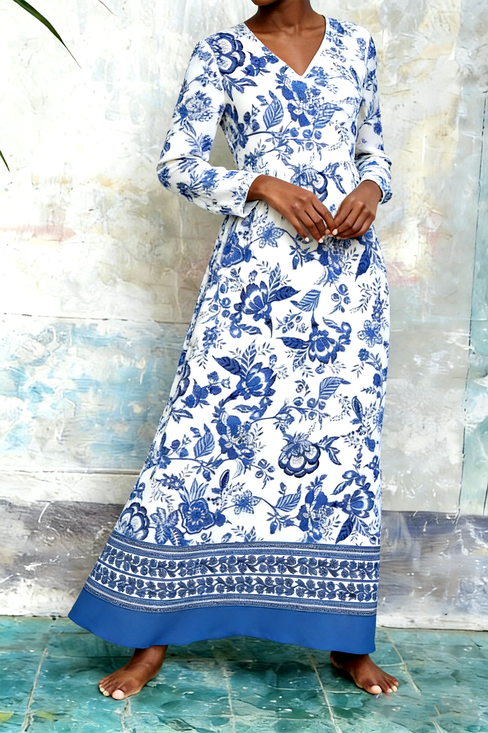 Damen Geblümt Frühling/Herbst Kleid V-Ausschnitt Langarm T-Shirt-Kleid A-Linien-Kleid