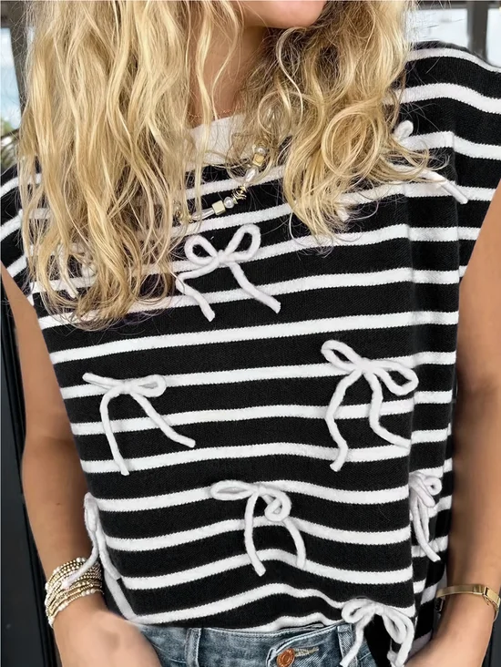 Streifen Gestrickt Elegant  Ärmellos Rundhals Schleife Lässig Stricken Oberteile