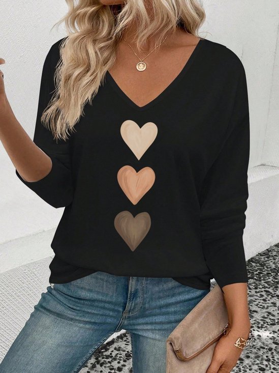Lässig Herz/Herz V-Ausschnitt Langarm T-Shirt
