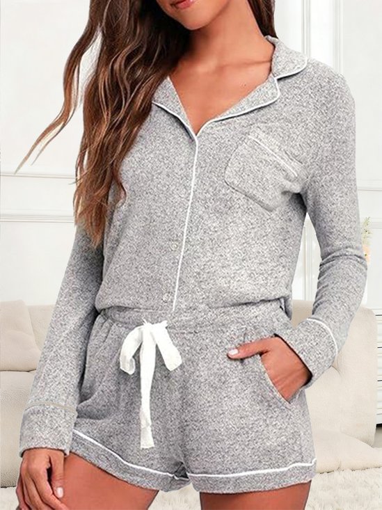 Unifarben Kontrast Rohrleitungen Schalkragen Kurzarm Bluse Mit Hosen Lässig Pyjama Set
