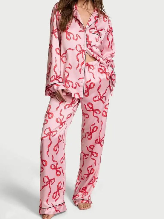 Lässig Schalkragen 3d Drucken  Schleife Print Langarm Bluse Mit Hosen Pyjama Set