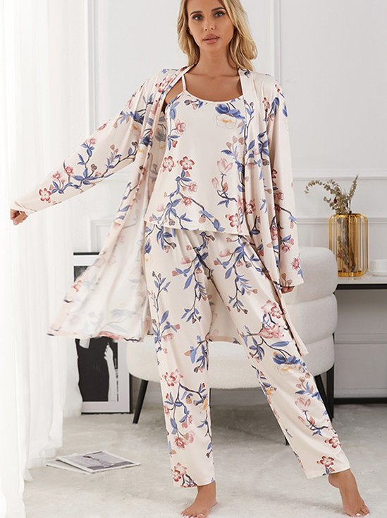 Blumenmuster 3PCS Langarm Schlafen Robe Halfter-Stil Nachthemd Mit Hosen V-Ausschnitt Einfach Lässig Pyjama Set