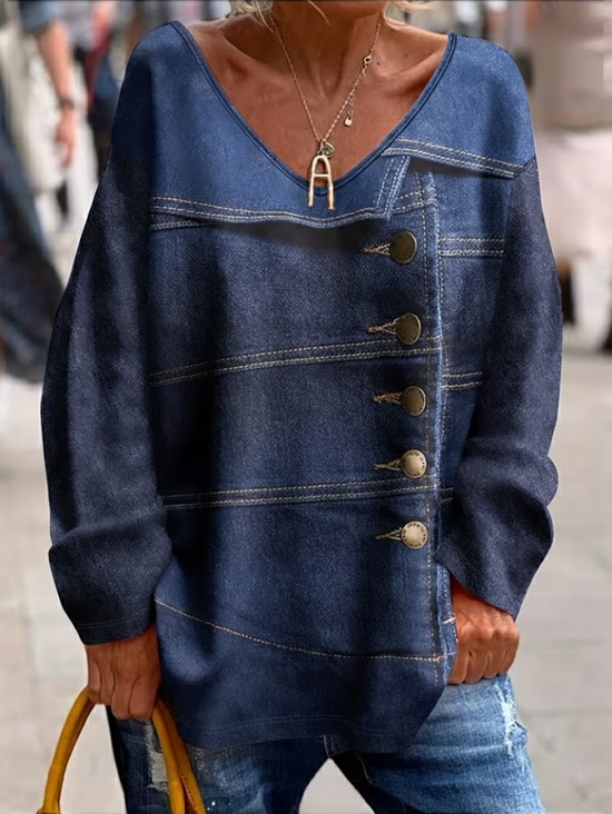 Lässig Grafik mit Denim-Imitat-Print V-Ausschnitt Langarm T-Shirt