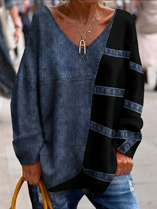 Lässig Grafik mit Denim-Imitat-Print V-Ausschnitt Langarm T-Shirt