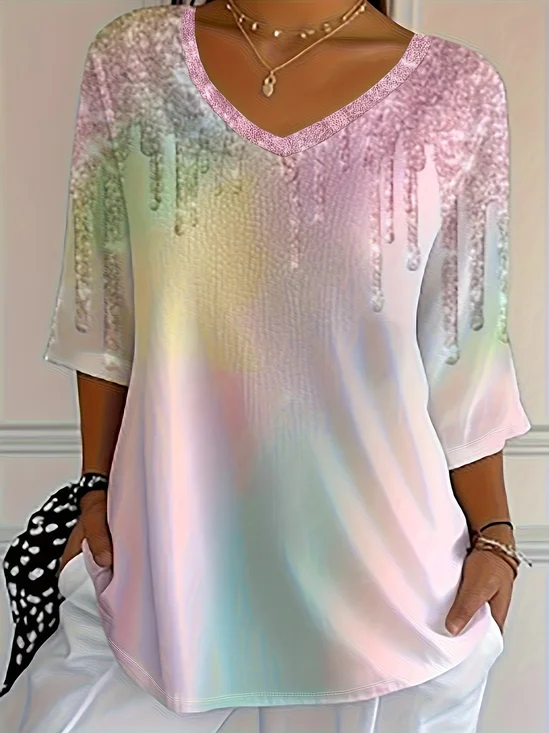 Lässig Abstrakt V-Ausschnitt Dreiviertelärmel T-Shirt