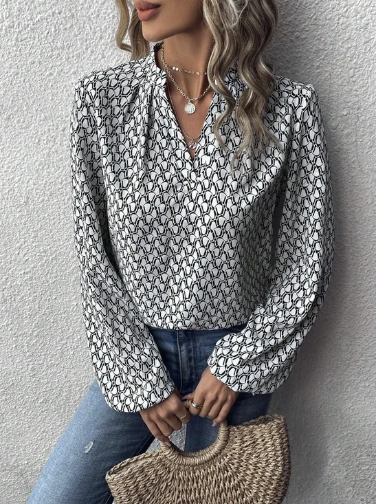 V-Ausschnitt Ballon-Ärmel Langarm Geometrisch Print Regelmäßig Mikroelastizität Weit Tunika Bluse für Damen