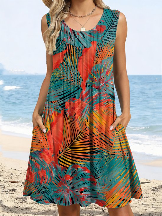 Damen Blätter Sommer Kleid Rundhals Ärmellos Passen & Flare Kleid A-Linien-Kleid