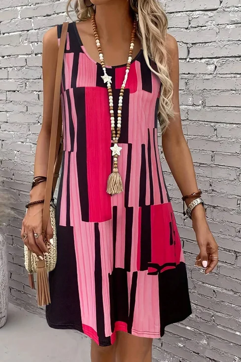 Damen Abstrakt Sommer Kleid Rundhals Ärmellos Tanktop A-Linien-Kleid