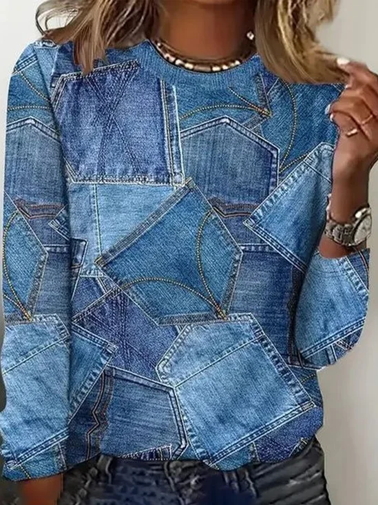 Lässig Grafik mit Denim-Imitat-Print Rundhals Langarm T-Shirt