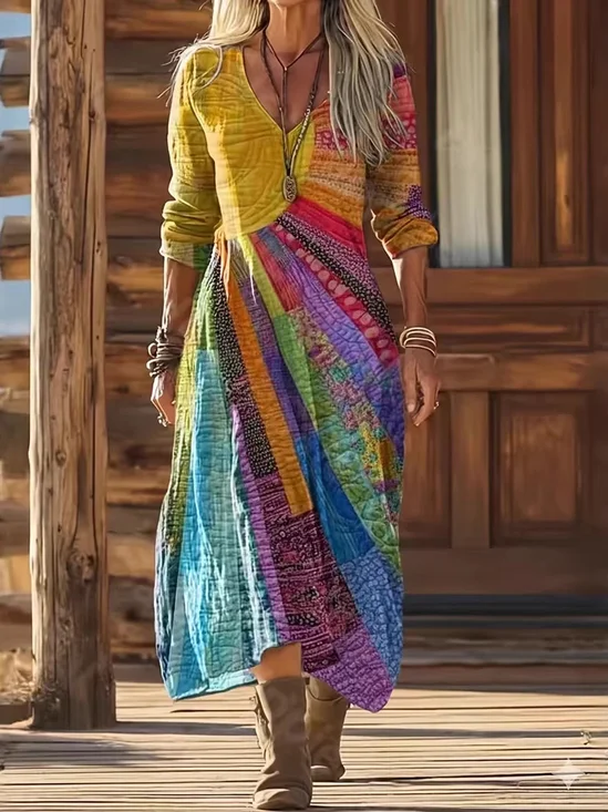 Damen Geometrisch Frühling/Herbst Kleid V-Ausschnitt Langarm Passen & Flare Kleid A-Linien-Kleid