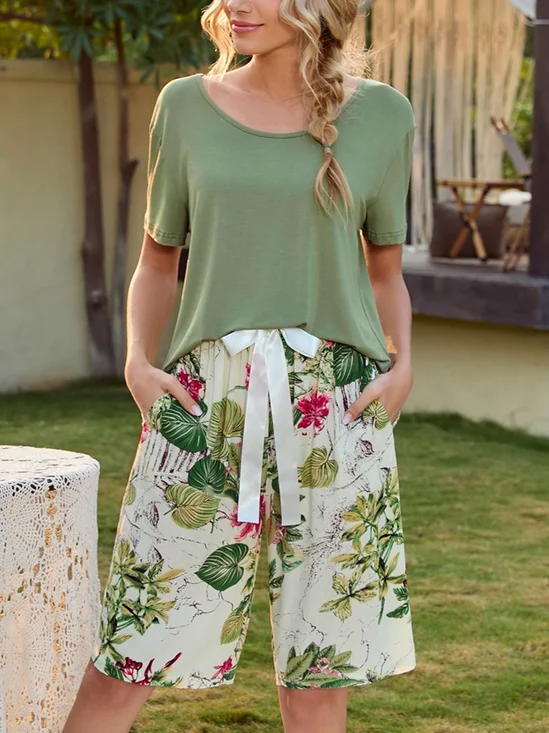 Blumenmuster Modal Kurzarm Rundhals T-Shirt Mit Shorts Lässig  Pyjama Set