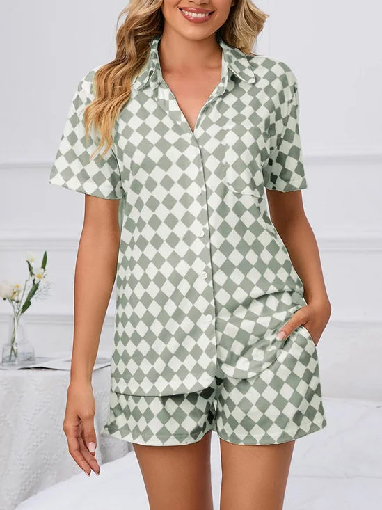 Kariert Schalkragen Kurzarm Bluse Mit Shorts  Lässig Pyjama Set
