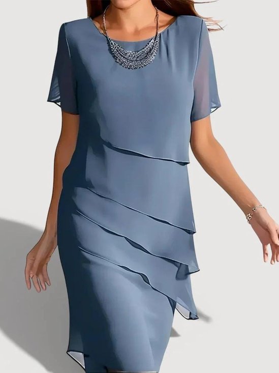 Damen Unifarben Sommer Kleid Rundhals Kurzarm Rüschenrock H-Linie Kleid
