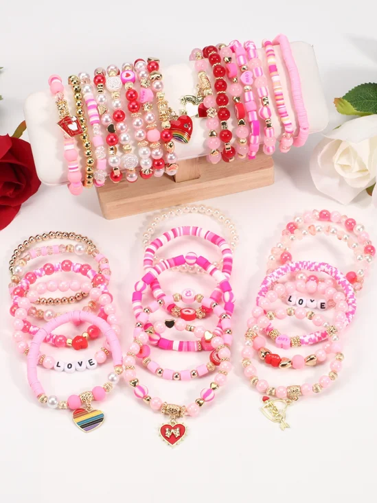 Schleife Rot Strass Herz Valentinstag Polymer-Ton und künstlich Kristall Gespleißt ​​multi-Schicht Elastisch Armband A Perfekt Geschenk für Beste Freunde