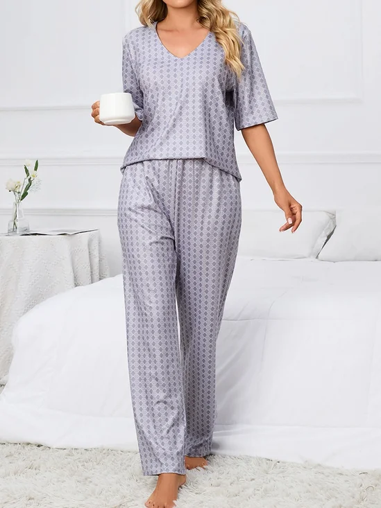 Einfach Geometrisch Print Veck Bluse mit Hose Lässig Pyjama Set