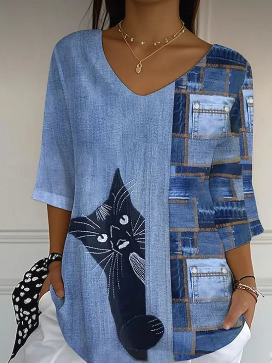 Lässig Katze V-Ausschnitt Dreiviertelärmel T-Shirt